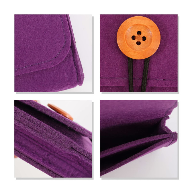 A purple felt essential oil bag with a wooden button closure and black ties, featuring internal compartments.