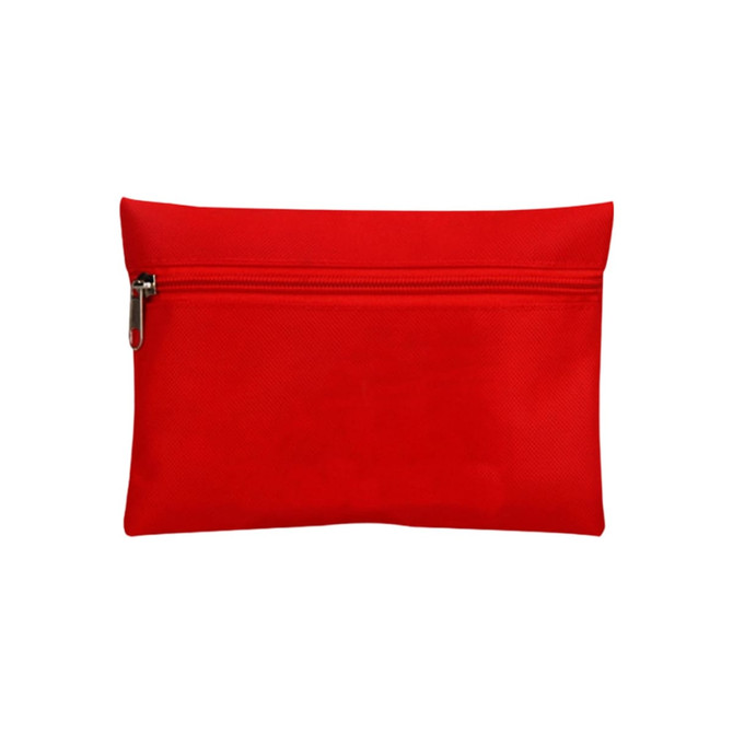A red pouch with a zip closure, featuring a textured surface and a logo. Ideal for storing first aid items.