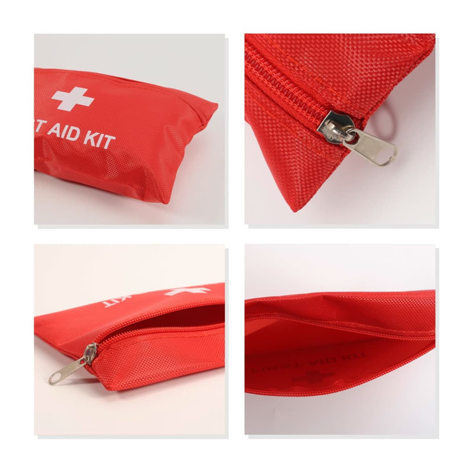 A red first aid kit pouch with a zipper, featuring a white cross logo and a mesh texture.