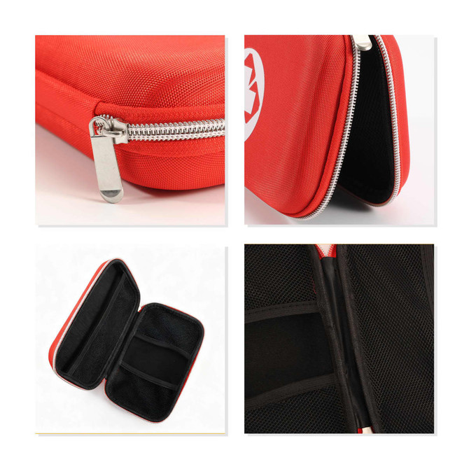 A red hard shell case with a zipper, featuring a textured exterior and mesh pockets inside.
