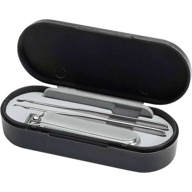 A sleek black manicure set containing nail clippers, a nail file, and a cuticle pusher in a compact case.
