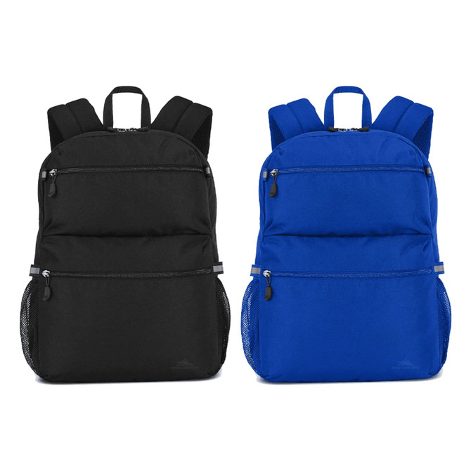 Two backpacks are displayed: one in black and one in blue, featuring multiple zippered pockets and mesh side pockets.