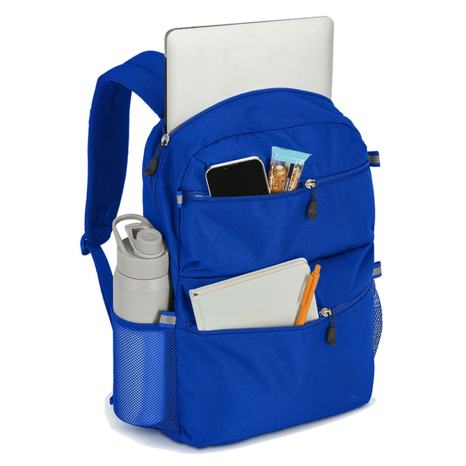 A blue backpack features multiple pockets, a drink bottle, a laptop, and stationery, with a logo on the front.