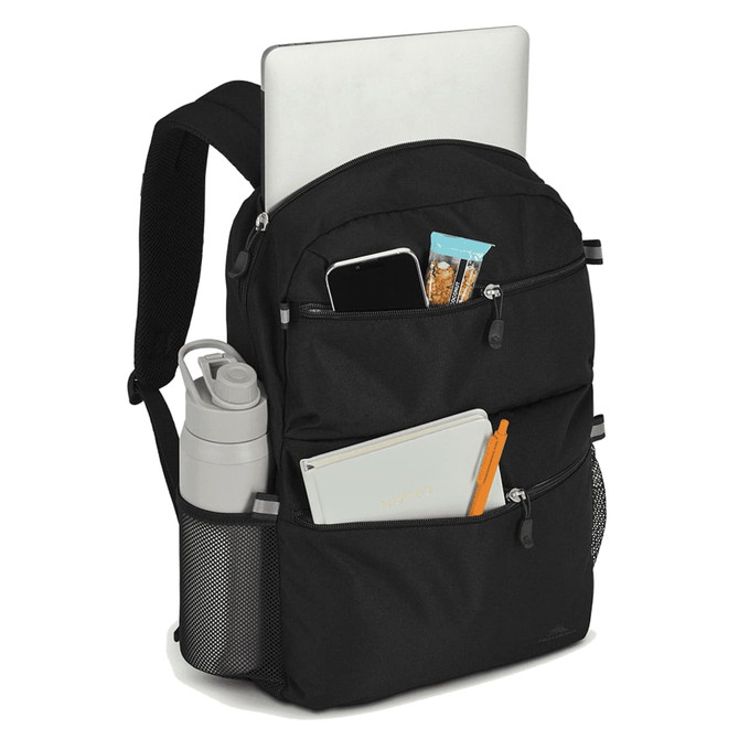 A black backpack with multiple pockets, featuring a laptop compartment, a drink bottle, and stationery.