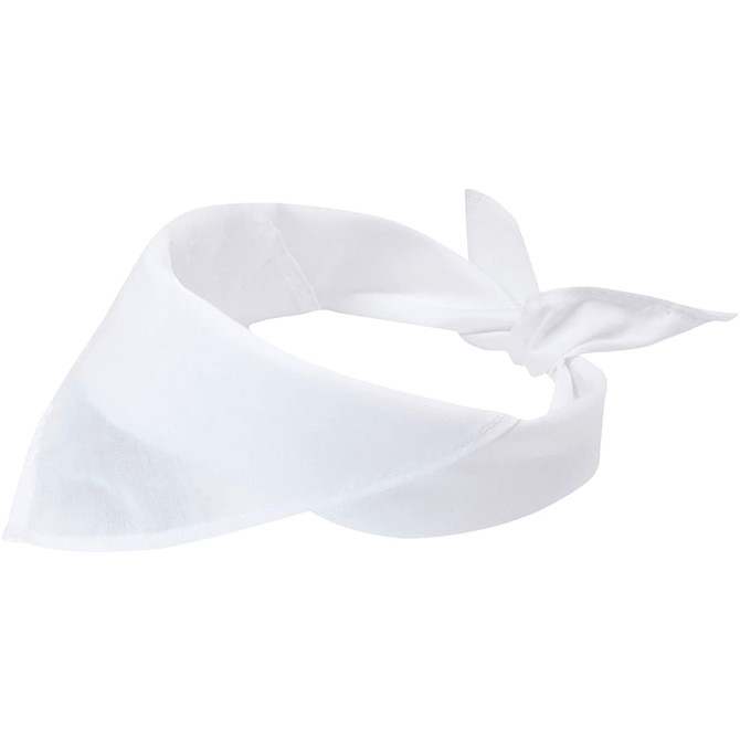 A white bandana with a triangular shape, featuring a knot for fastening. It has a simple design and a plain appearance.
