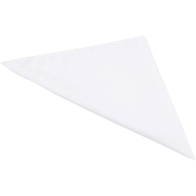 A white triangular bandana with a soft texture, featuring a logo on one side.