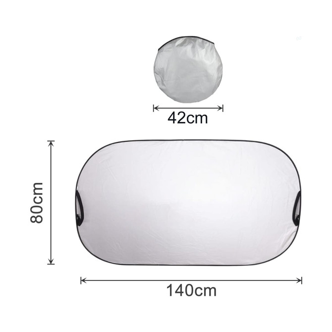 A light-blocking car sun shade in silver with black trim, featuring dimensions of 140cm by 80cm and a compact storage size of 42cm.