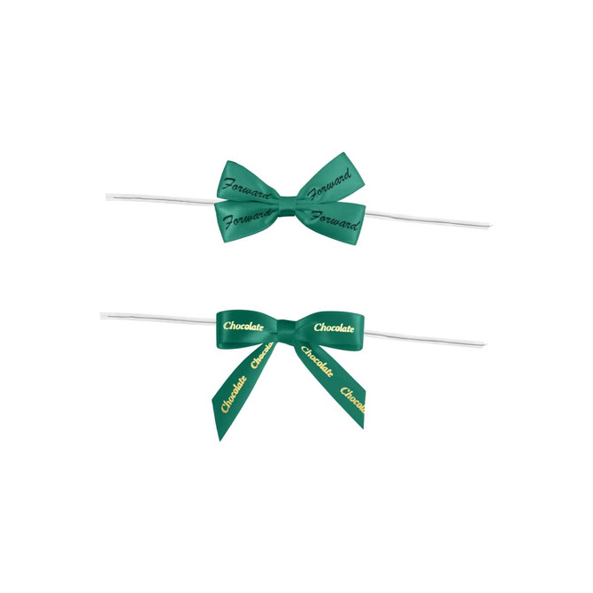 Twist Tie Bows in dark green with black and gold printed text on a white twist tie.