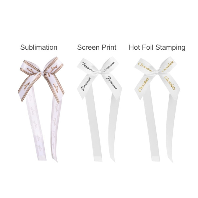 Adhesive ribbon bows in white, featuring various printing styles, displayed in three distinct designs.