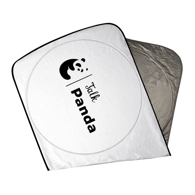 A round, white sun shade with a silver interior and a black panda logo on one side.