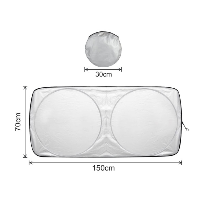 A Twin Circular light-blocking car sun shade in white, displayed flat and folded, with measurements included.