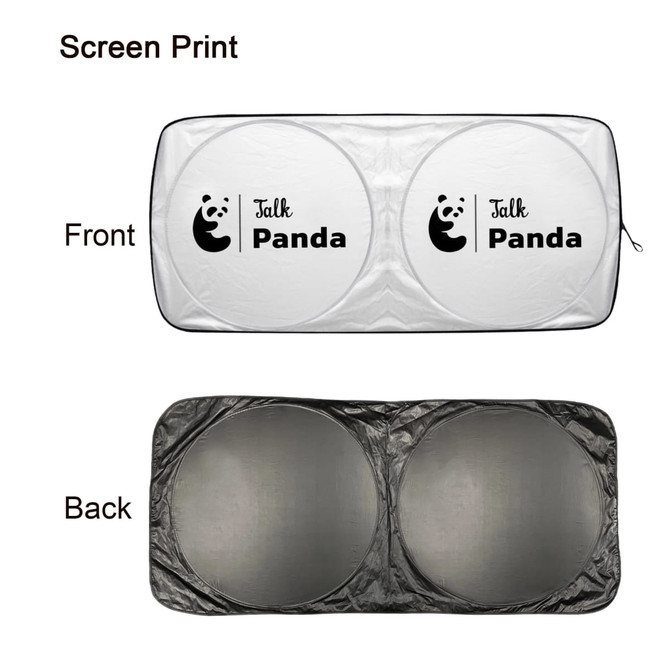 Twin circular car sun shade in white and black with a logo, featuring a light-blocking design on the reverse side.