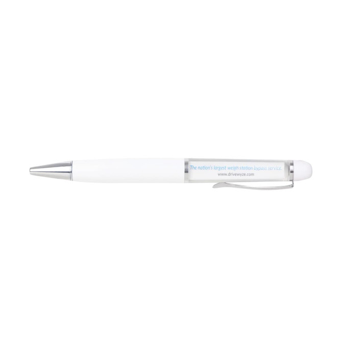 A white promotional pen with a silver clip and a transparent barrel, featuring a branding logo.