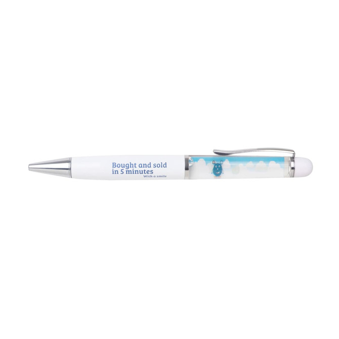 A floating pen featuring a white body, silver accents, and a design element inside. It has a logo and text.