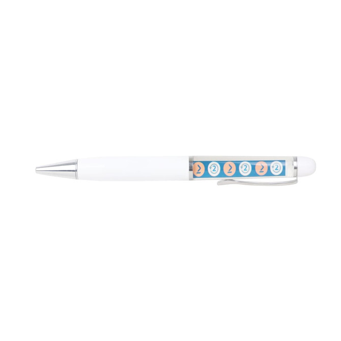 A white plastic pen with a transparent barrel featuring colourful floating elements and a silver clip.