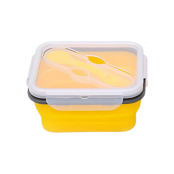 A yellow reusable silicone food storage container with a clear lid and integrated utensils. It has a sleek design and a logo.