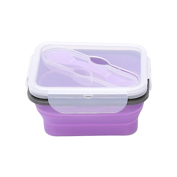 A reusable silicone food storage container in purple with a clear lid and utensil included. Features a logo.