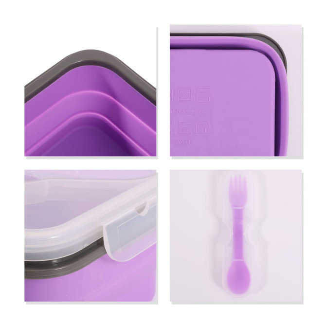 A purple reusable silicone food storage container with a grey lid, featuring a purple fork and spoon attachment.