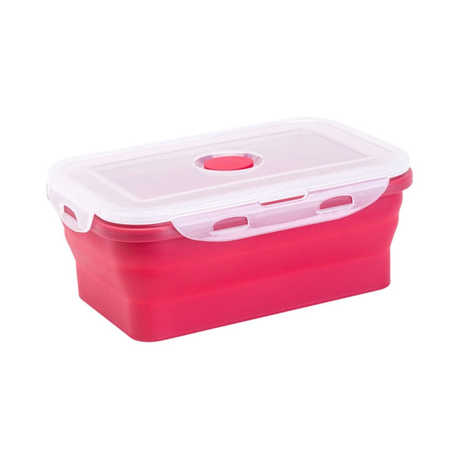 A collapsible silicone food storage container in pink and white with a transparent lid and a small opening.