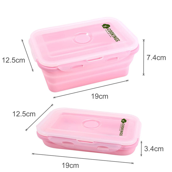 A collapsible silicone food storage container in pink with measurements displayed. It has a logo on the lid.