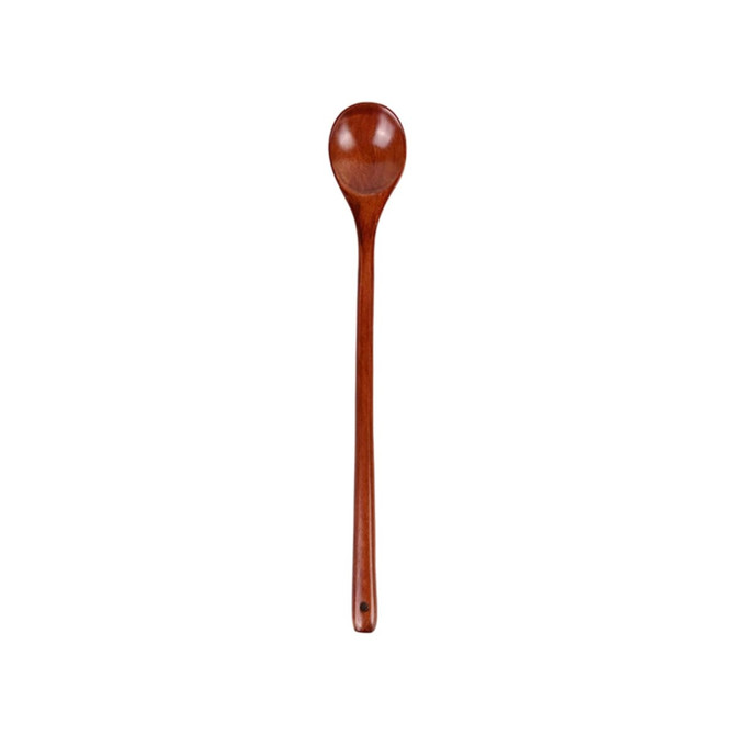 A long handle wooden spoon in a rich brown hue, featuring a smooth, rounded spoon head and a slender, elongated handle.