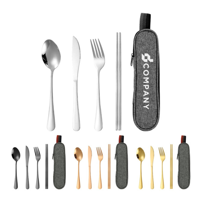 A travel cutlery set featuring a spoon, knife, fork, and chopsticks in silver and gold, packed in a grey case with a logo.