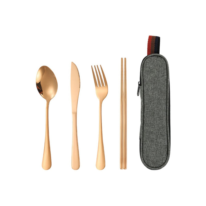 A travel cutlery set with a gold spoon, knife, fork, chopsticks, and a grey carrying case featuring a zip closure.