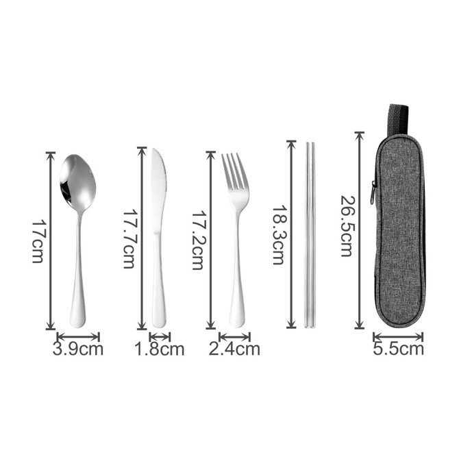 A travel cutlery set consisting of a spoon, knife, fork, and chopsticks, all in silver, with a grey carrying case.