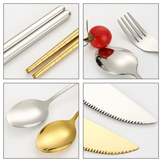 A stainless steel fork, spoon, and chopsticks in silver and gold, accompanied by a red tomato on a white background.