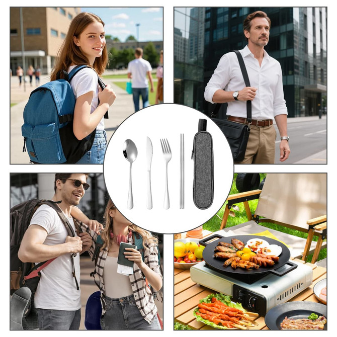 A travel cutlery set with four stainless steel pieces in a grey case, featuring a spoon, fork, and knife.