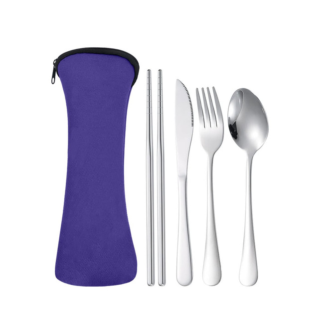 A purple case contains metal cutlery: a fork, knife, spoon, and chopsticks.