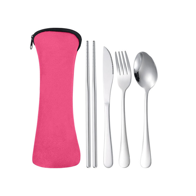 Travel cutlery set featuring pink pouch, stainless steel fork, knife, spoon, and chopsticks.