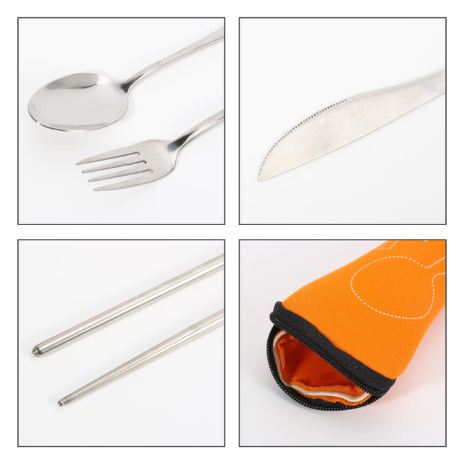 A stainless steel spoon, fork, and knife, along with chopsticks, all in an orange travel case.