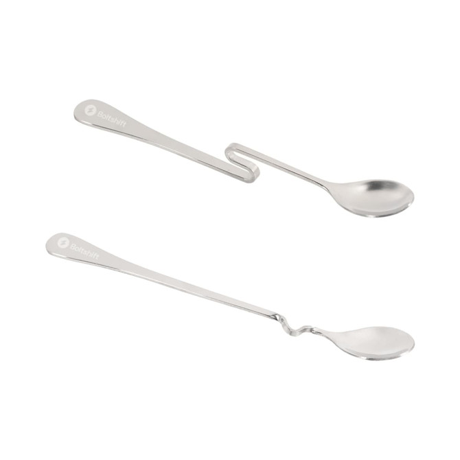 A silver hanging cup spoon set with two differently shaped spoons, featuring a logo on one side.