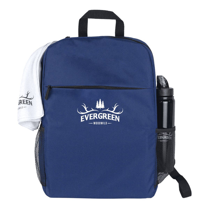 A navy blue backpack with a logo, a water bottle in a side pocket, and a white towel attached.