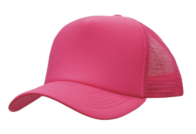 A pink truckers mesh cap featuring a solid front and mesh back, complete with a branded logo.