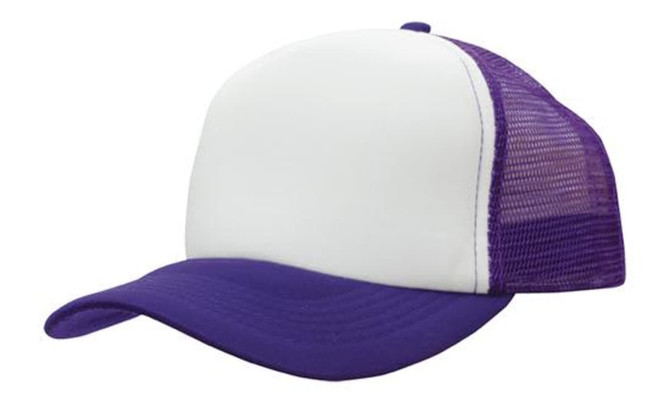 A purple and white trucker mesh cap with a solid front and mesh back. The cap features a curved brim and has a logo.