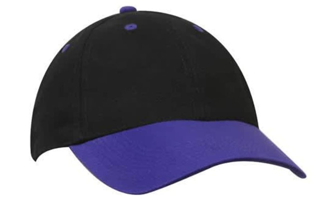 A black cap with a purple curved peak and stitching, featuring a logo on the front.