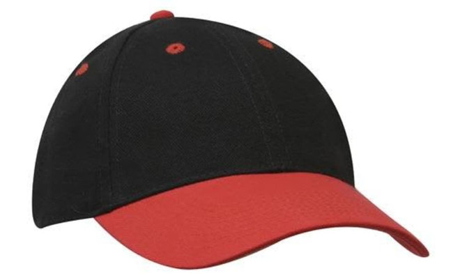 A black and red cap featuring a curved brim and a logo on the front.