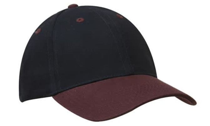 A cap featuring a black crown and a burgundy peak, with a simple logo on the front.
