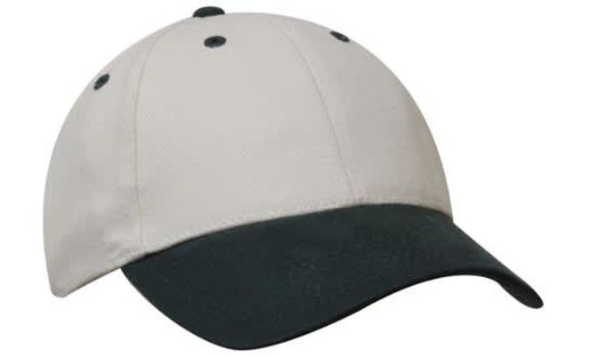 A cap featuring a cream top and a dark green peak, with a logo present on the front.