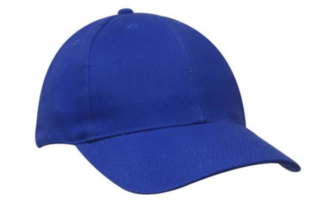 A blue cap with a curved peak, featuring a logo on the front. The fabric appears smooth and durable.