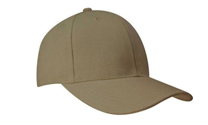 A khaki baseball cap with a curved brim and a blank front panel, featuring a logo on the side.