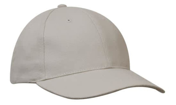A beige cap with a rounded crown and a curved brim, featuring a logo on the front.