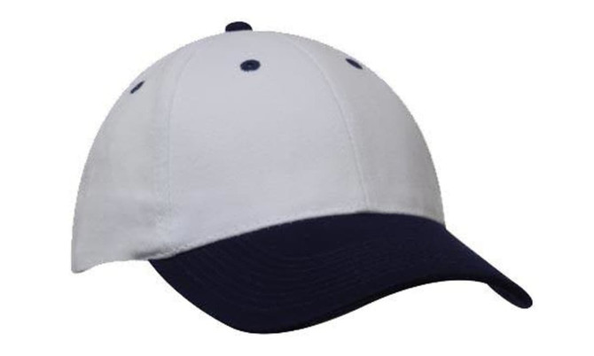 A white cap with a navy blue brim, featuring a logo on the front.