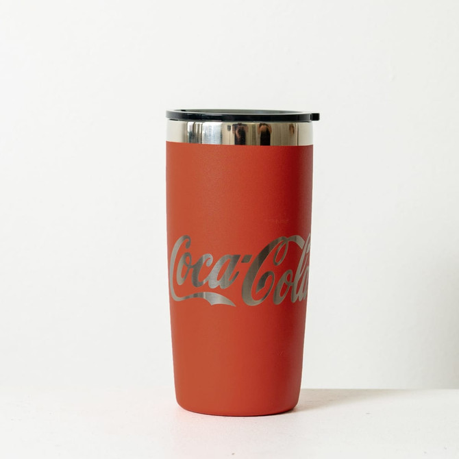 A drink bottle in a rust red colour with a stainless steel lid and a logo on the side.