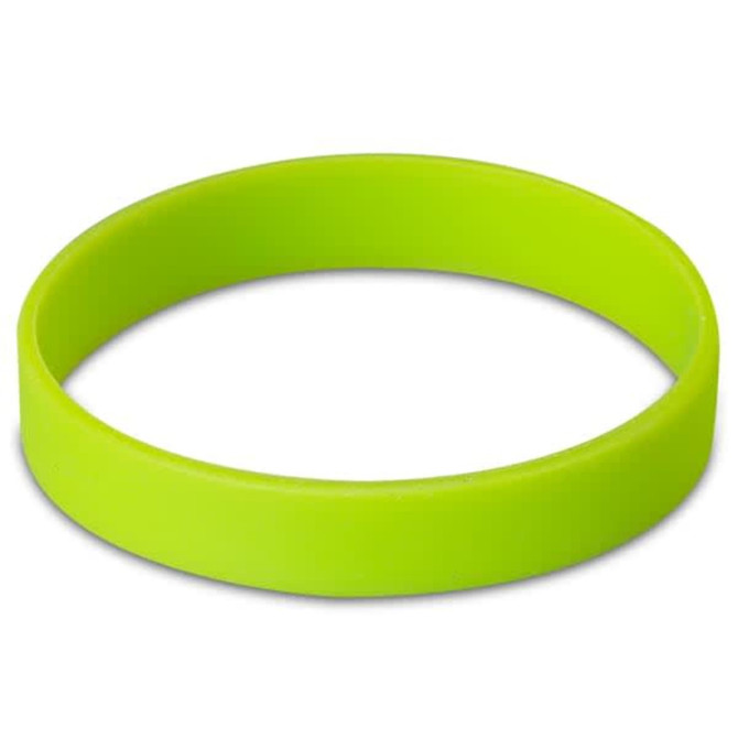 A bright green silicone wristband with a smooth texture and a circular shape, featuring a logo.