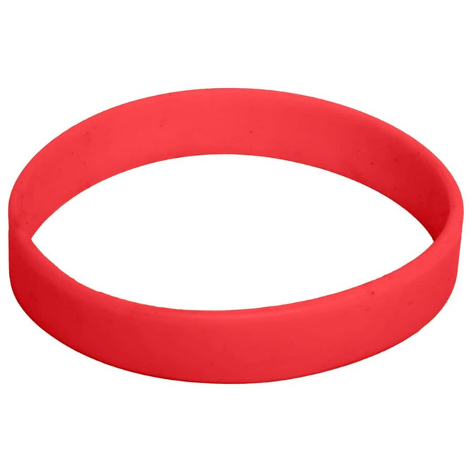 A red silicone wristband with a smooth finish, featuring a logo. Suitable for events and exhibitions.