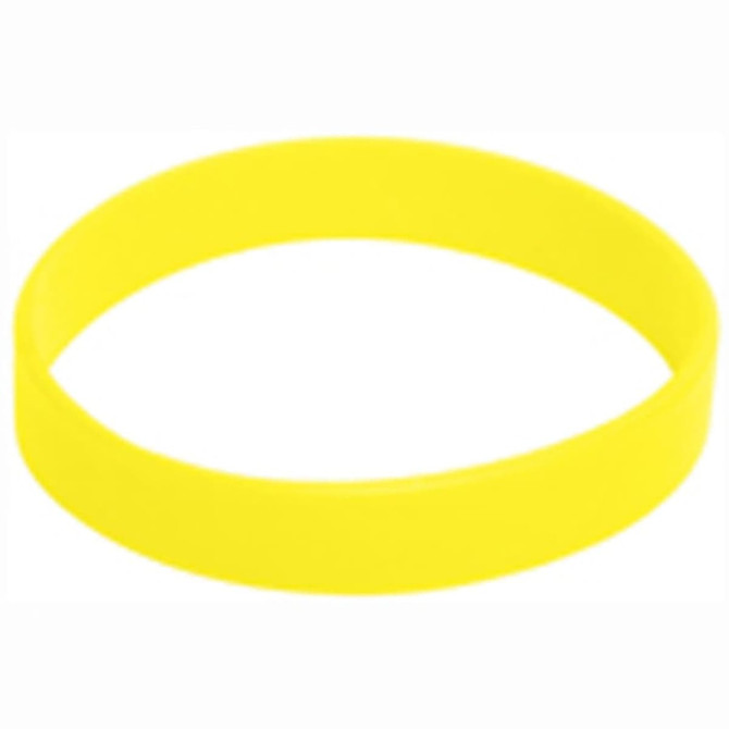 A bright yellow silicone wristband with a smooth texture and a simple round design, featuring a logo.