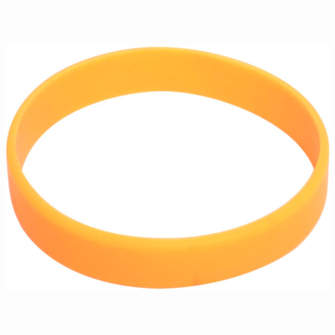 An orange silicone wristband with a smooth finish and a branding logo.